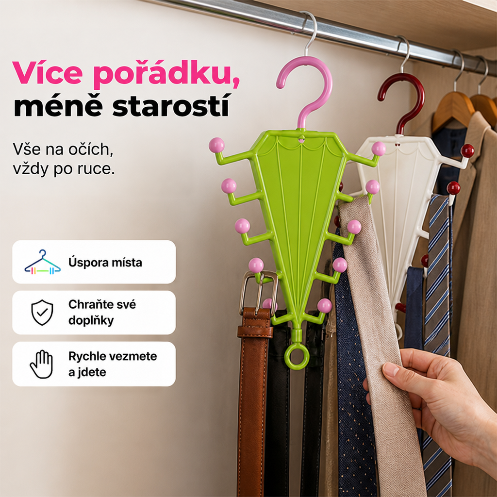 Zelený a bílý věšák ve skříni, na nich opasky a kravaty, ruka si bere kravatu 5