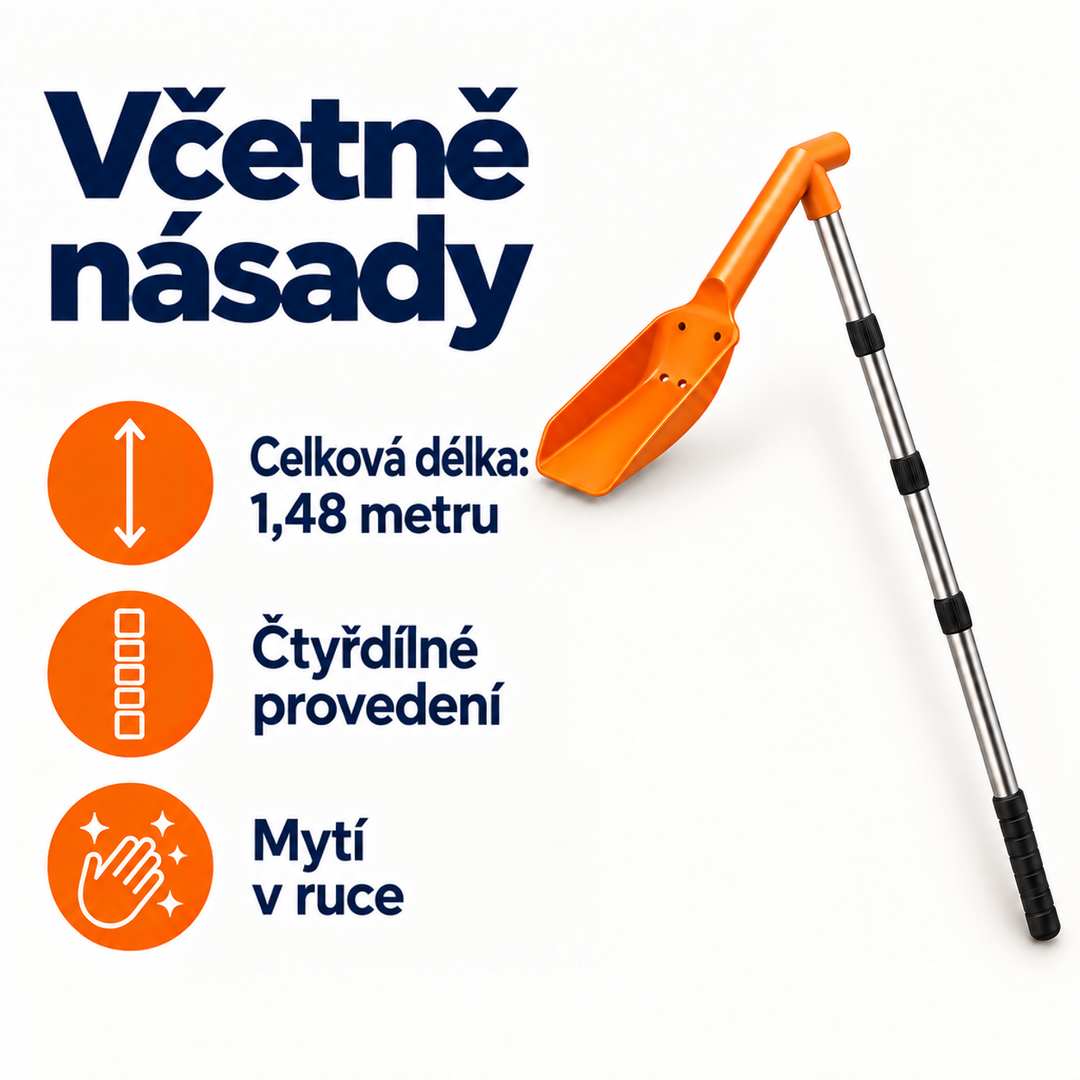 Nástroj na bílém pozadí vedle ikon o délce, čtyřdílném provedení a ruční údržbě 5