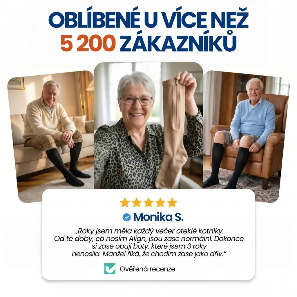 Tři fotky spokojených zákazníků v obývacím pokoji a uprostřed žena s tělovou podkolenkou, pod nimi recenze 9