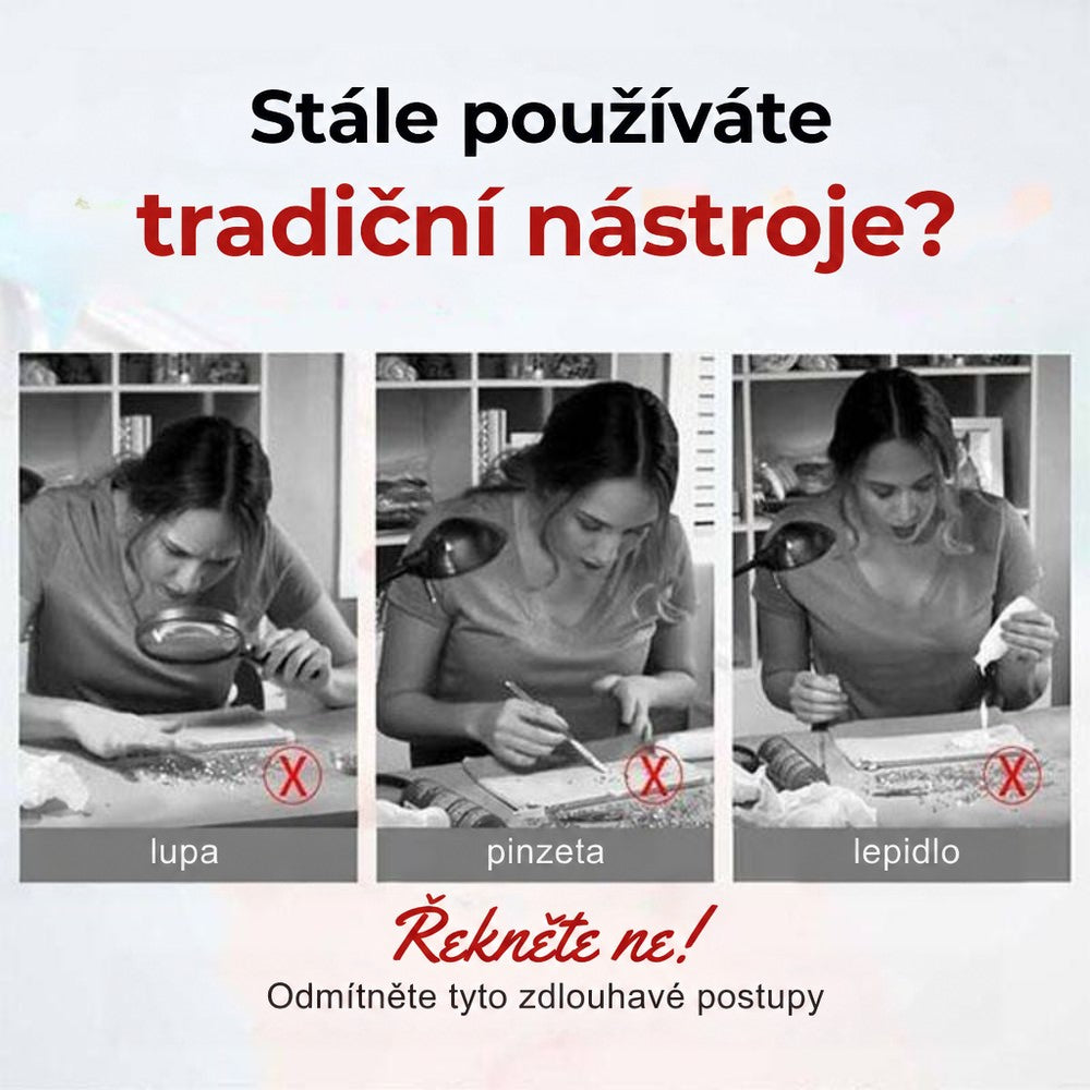 Tři černobílé snímky ženy, která kamínky skládá tradičně lupou, pinzetou a lepidlem 2