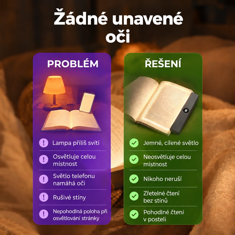 Infografika porovnává běžnou lampu a telefon při čtení s destičkou, která svítí jen na stránku 4