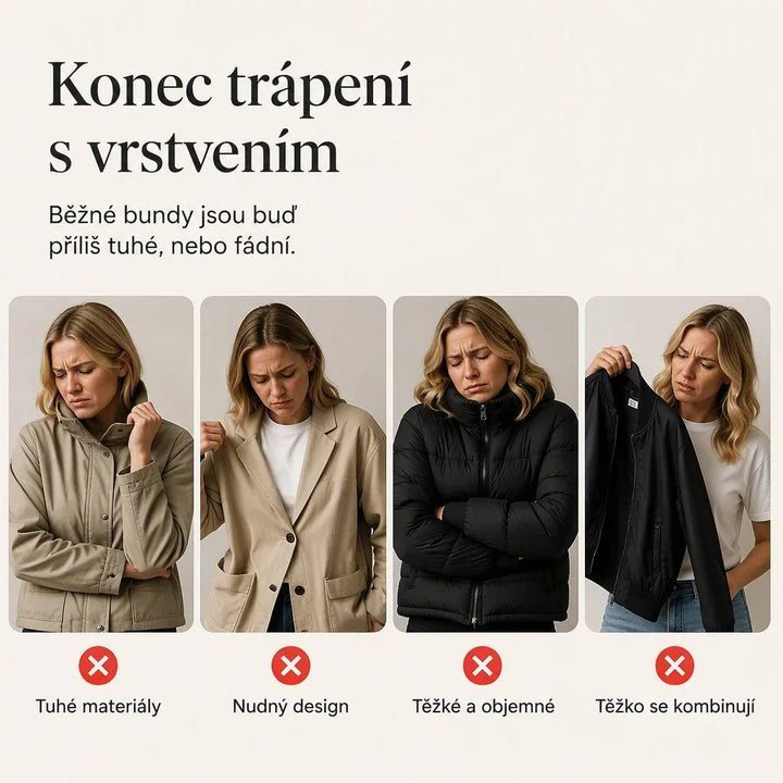 Koláž čtyř zachmuřených žen v béžových a černých bundách, srovnání s jinými typy oblečení 5