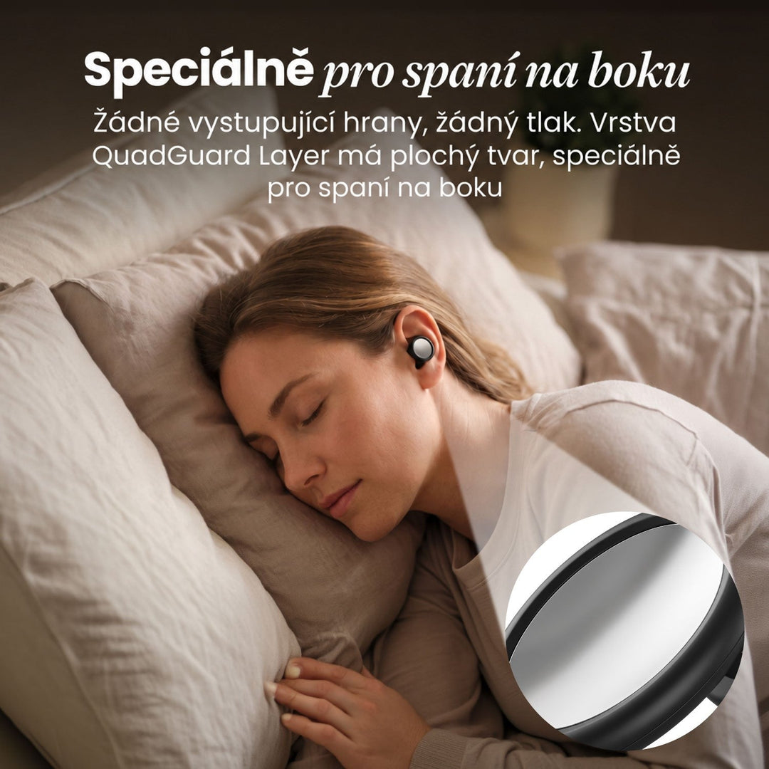 Žena spí na boku s černým špuntem v uchu, v kruhovém výřezu plochá lesklá vnější část, německý text. 15