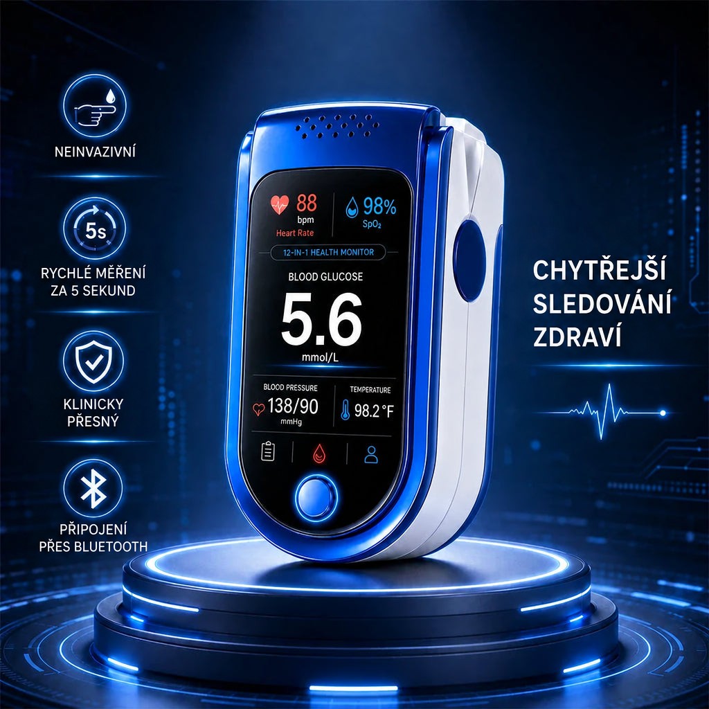 Přístroj stojící na svítícím podstavci na tmavě modrém futuristickém pozadí s ikonami funkcí po stranách. 6