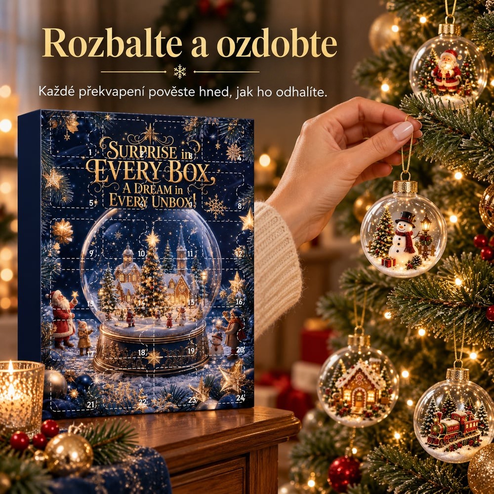 Ruka věší baňku se sněhulákem na větev stromku, vlevo stojí kalendář 9