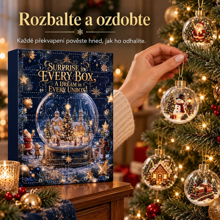 Ruka věší baňku se sněhulákem na větev stromku, vlevo stojí kalendář 9