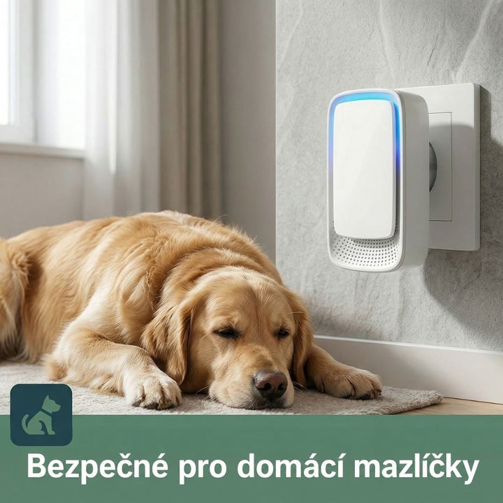 Ionizátor zapojený v zásuvce na zdi, vedle něj odpočívá ležící zlatý retriever 2