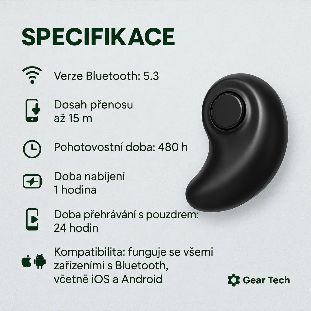Černé zakřivené sluchátko s tlačítkem vedle přehledu technických parametrů a Bluetooth 5.3 5