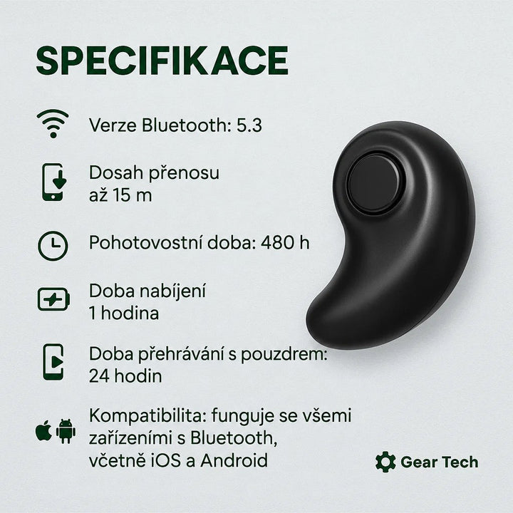 Černé zakřivené sluchátko s tlačítkem vedle přehledu technických parametrů a Bluetooth 5.3 5