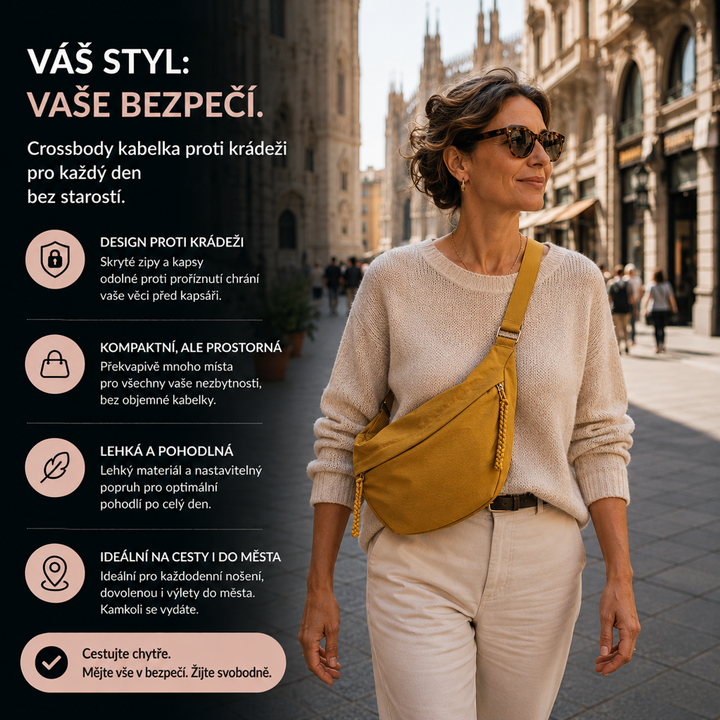 Žena v béžovém svetru nosí žlutou tašku přes rameno na městské ulici, vedle ní je pás s popisem vlastností. 2