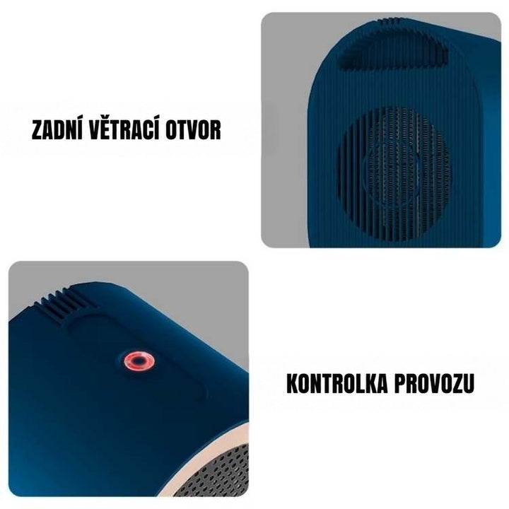 Dva detailní záběry modrého ohřívače: větrací otvor na zadní straně a kontrolka provozu nahoře 4
