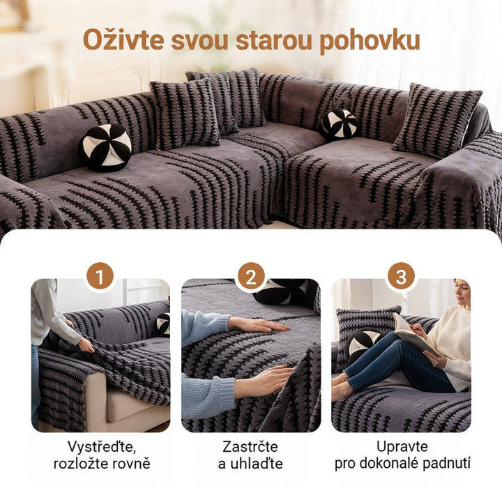 Rohová pohovka přikrytá šedým potahem a tři kroky nasazení: urovnat, zasunout a upravit 6