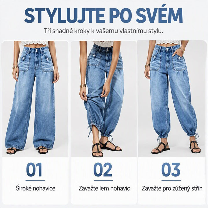 Tři kroky stylizace: džíny s rovnou širokou nohavicí, nastavování šňůrky na kotníku a zúžený sestřih po stažení nohavic. 8