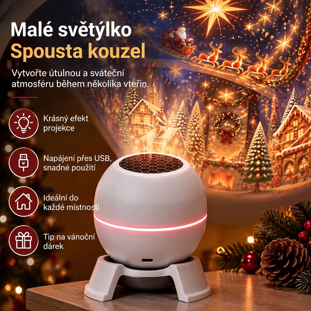Detail bílého kulatého projektoru s voštinovým otvorem nahoře, červeným svítícím pásem a stojánkem, v pozadí vánoční scéna s Santou na saních. 2