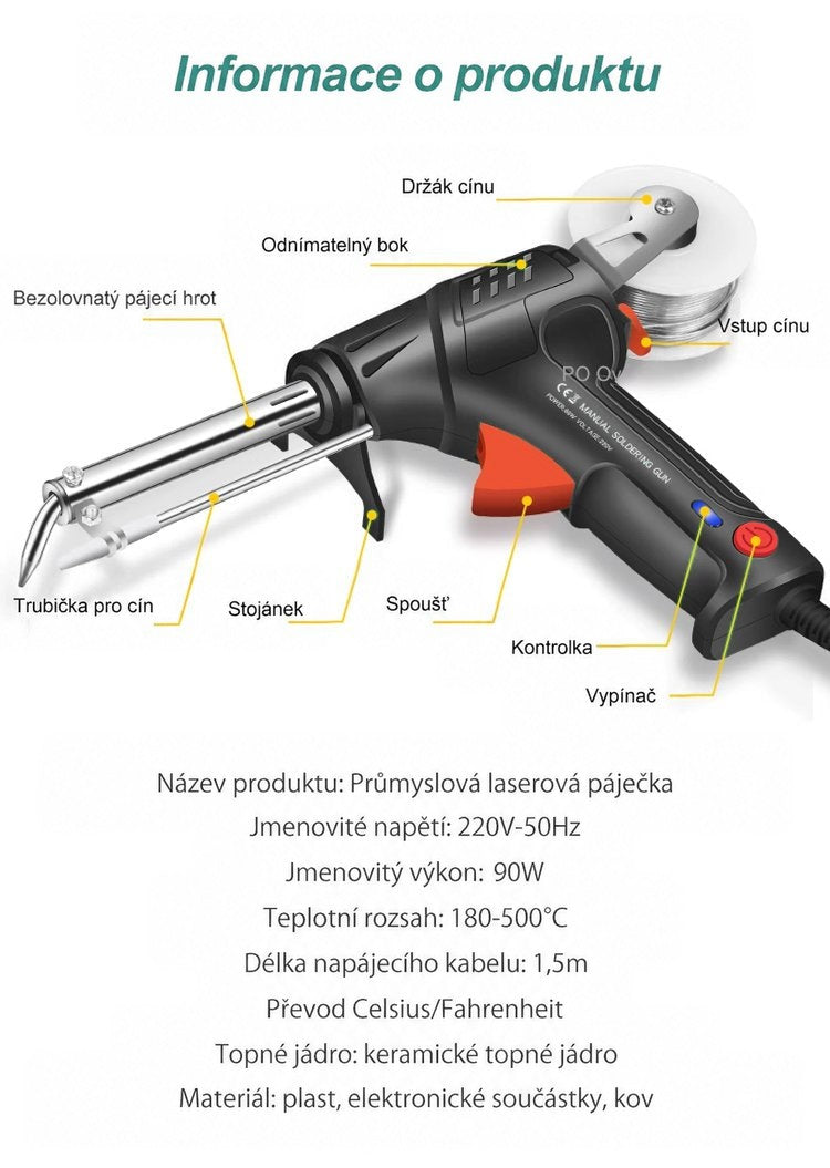 Pistole s popisky částí a seznamem technických údajů pod ní 8