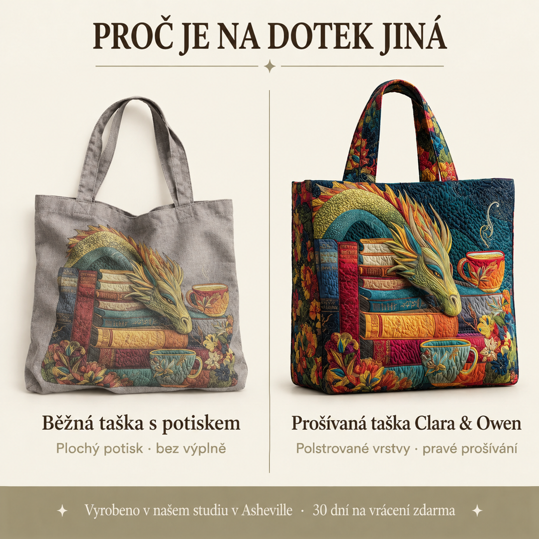 Srovnávací obrázek: vlevo obyčejná šedá taška s plochým potiskem, vpravo prošívaná taška s vypodložením a skutečnými stehy. 4