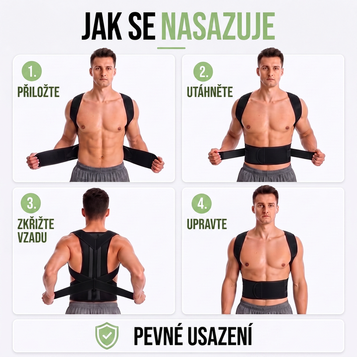 Čtyřdílný návod na nasazení černé ortézy zad: muž ji přikládá, utahuje, kříží popruhy na zádech a nakonec upravuje. 8