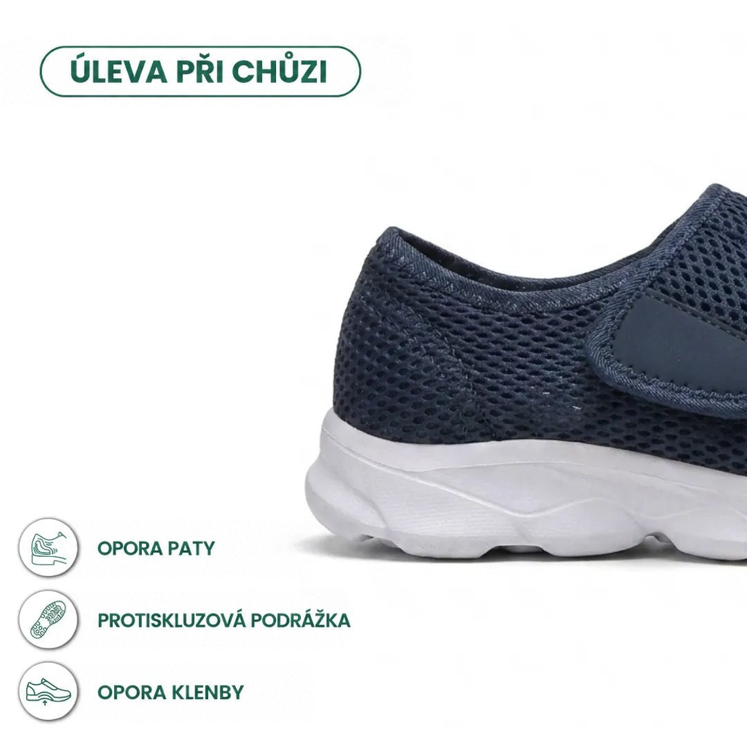 Detail paty tmavě modré síťované boty s bílou podrážkou a ikonami podpory paty, protiskluzové podrážky a klenby. 4