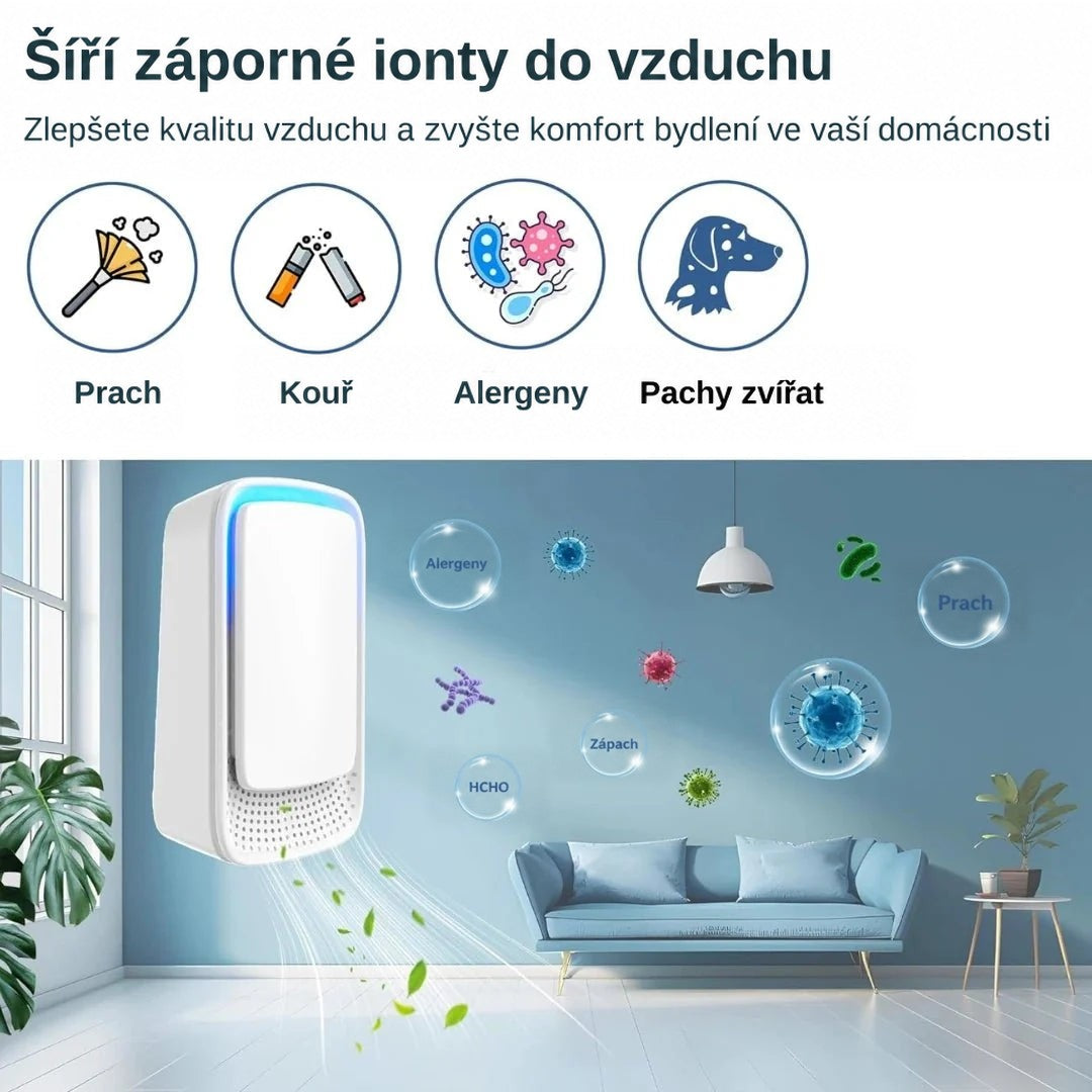 Ionizátor v moderním obýváku s ikonami prachu, kouře, alergenů a pachů a nakreslenými částicemi ve vzduchu 8