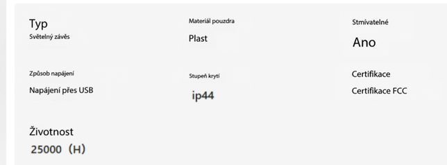 Tabulka technických údajů: plastový plášť, napájení USB, stmívatelnost, krytí IP44 a životnost 25 000 hodin 10