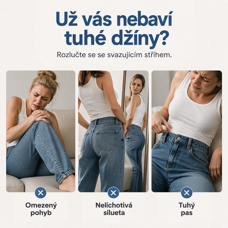 Srovnávací koláž tří žen v tuhých klasických džínách, které ukazují omezený pohyb, nevhodný střih a pevný pas. 3
