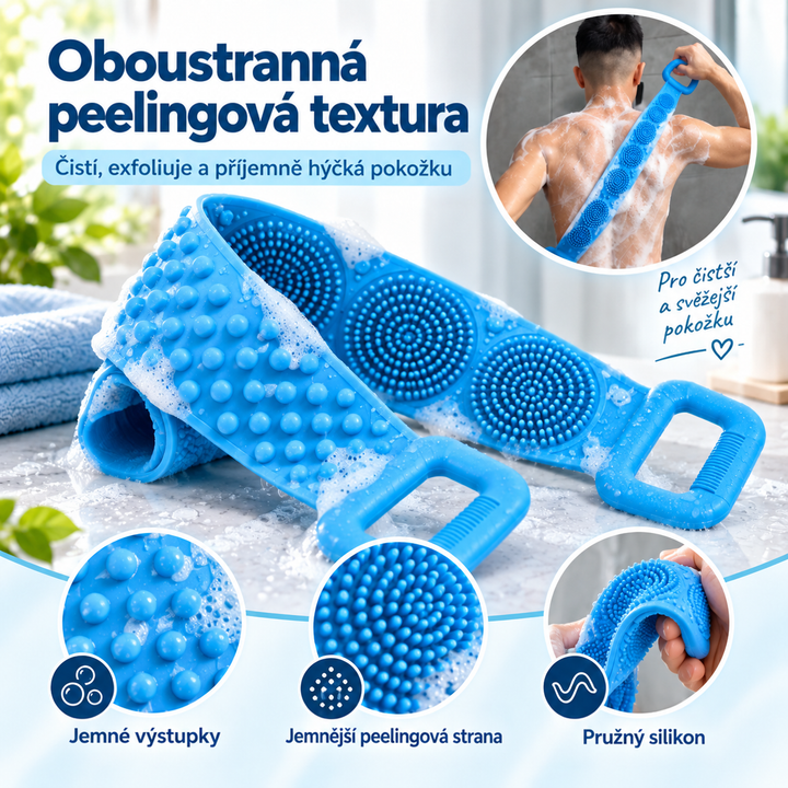 Detail obou stran modrého kartáče, hrbolky i štětinky, muž si jím myje záda 7