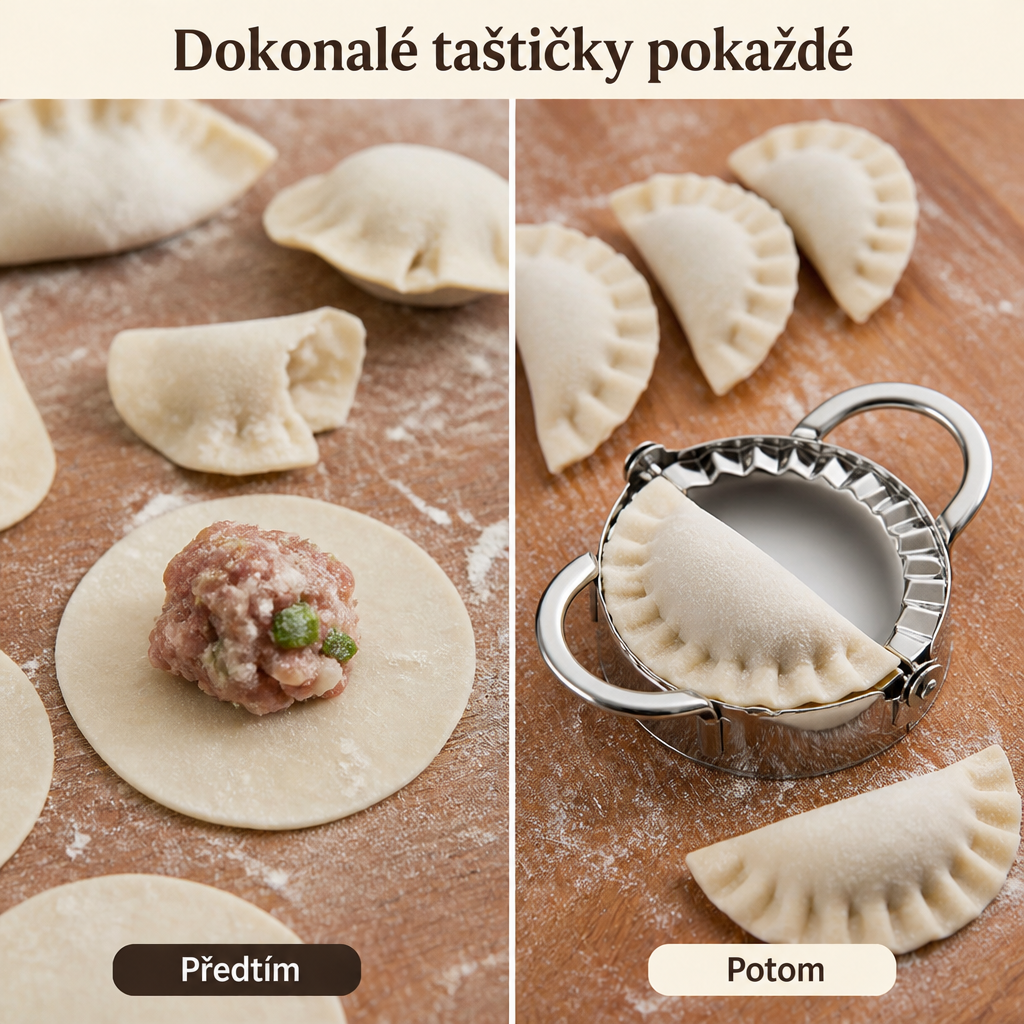 Porovnání vlevo nerovných ručně sklopených knedlíčků a vpravo stejnoměrných knedlíčků s vroubkovaným okrajem vytvořených formou. 4