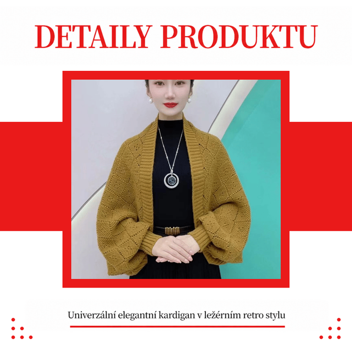 Hořčicově žlutý kardigan s ažurovým vzorem na modelce v červeném rámečku, tyrkysové pozadí 14