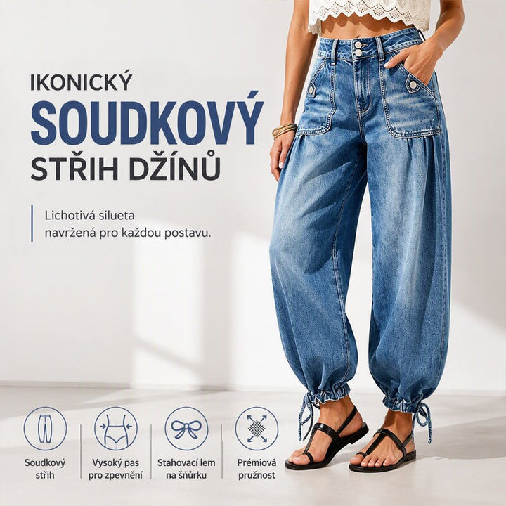 Modelka v modrých džínách s knoflíkovými kapsami a stahovacími nohavicemi, vedle ní ikony s popisem vlastností střihu. 1