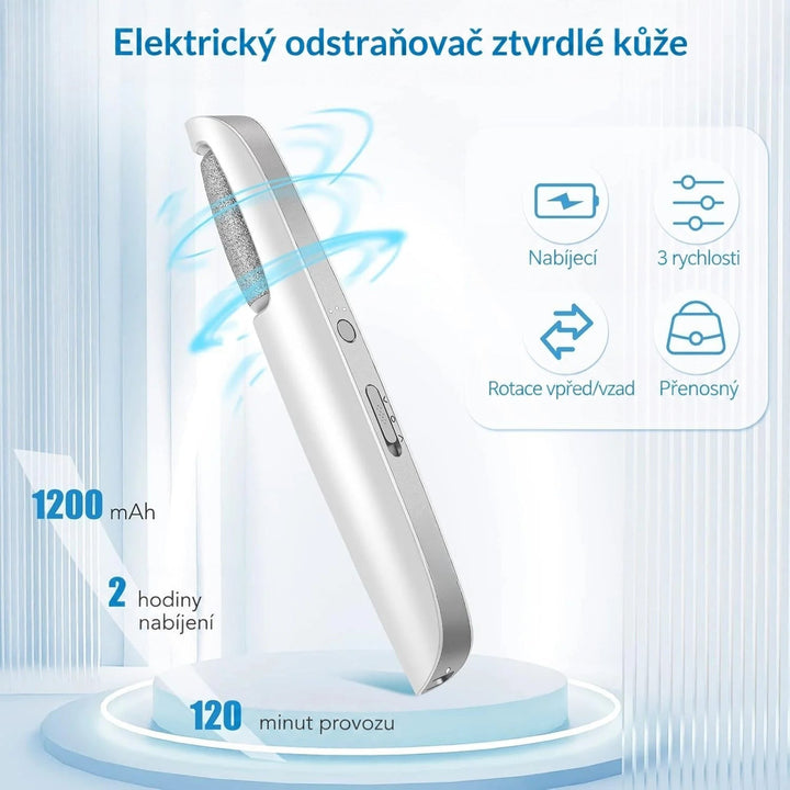 Bílý přístroj s rotujícím válečkem na světlém pozadí, kolem ikony nabíjení, tří rychlostí, otáčení oběma směry a přenosnosti. 3