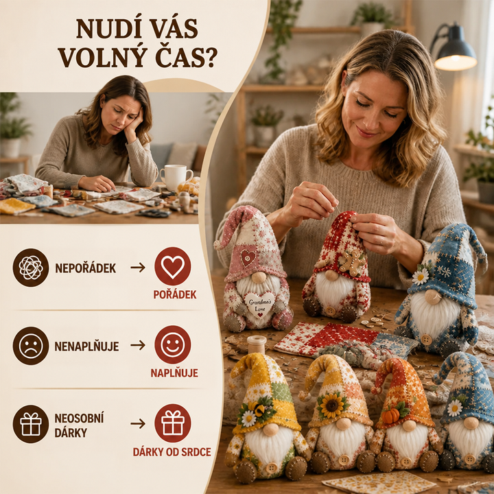 Srovnání nudné chvíle s nepořádkem a šťastné ženy, která šije trpaslíky se srdíčkem, zázvorkou a slunečnicí 2