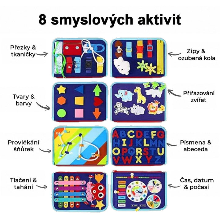 Přehled osmi stránek modré knížky: přezky, zipy, tvary, zvířátka, provlékání, písmena, posouvání a hodiny 6