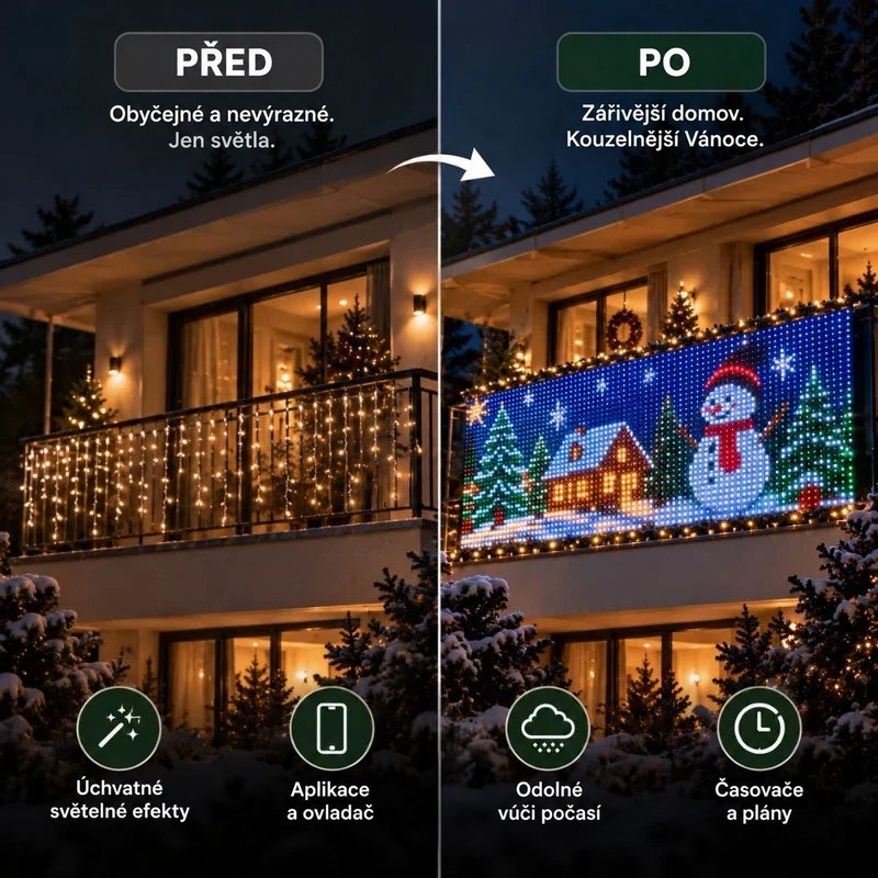 Srovnání balkonu před a po: obyčejné světelné řetězy proti záclonovým světlům se sněhulákem a chaloupkou 3
