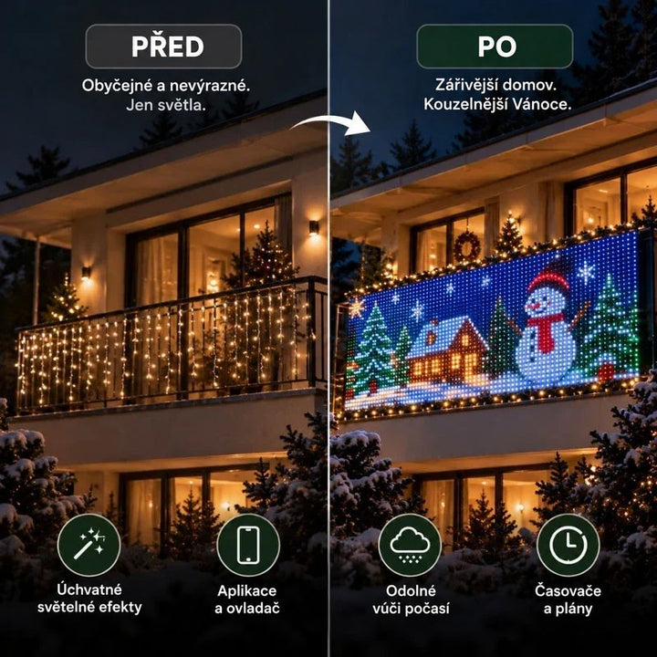 Srovnání balkonu před a po: obyčejné světelné řetězy proti záclonovým světlům se sněhulákem a chaloupkou 3