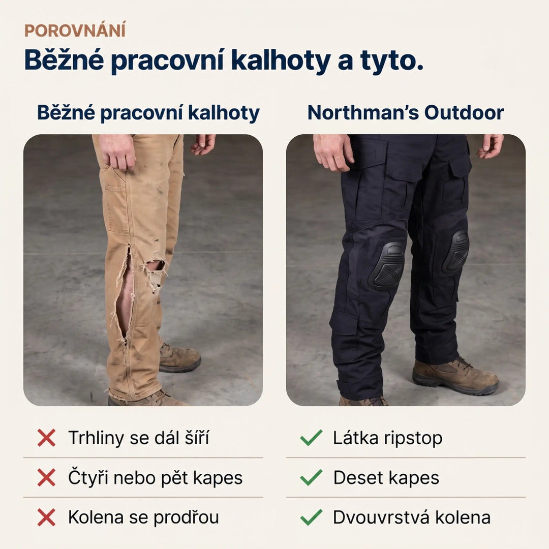 Srovnání roztrhaných béžových pracovních kalhot s černými odolnými kalhotami s chrániči kolen, pod fotkami seznam rozdílů. 6