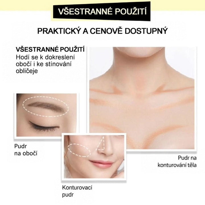 Ukázka dalšího využití pudru: stínování obočí, tváře a nosu a zvýraznění linií na krku a dekoltu. 3