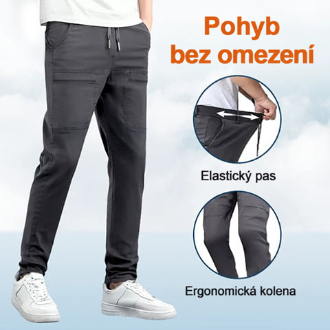 Šedé kalhoty zboku s detaily gumového pasu a ergonomicky řešeného kolene 15