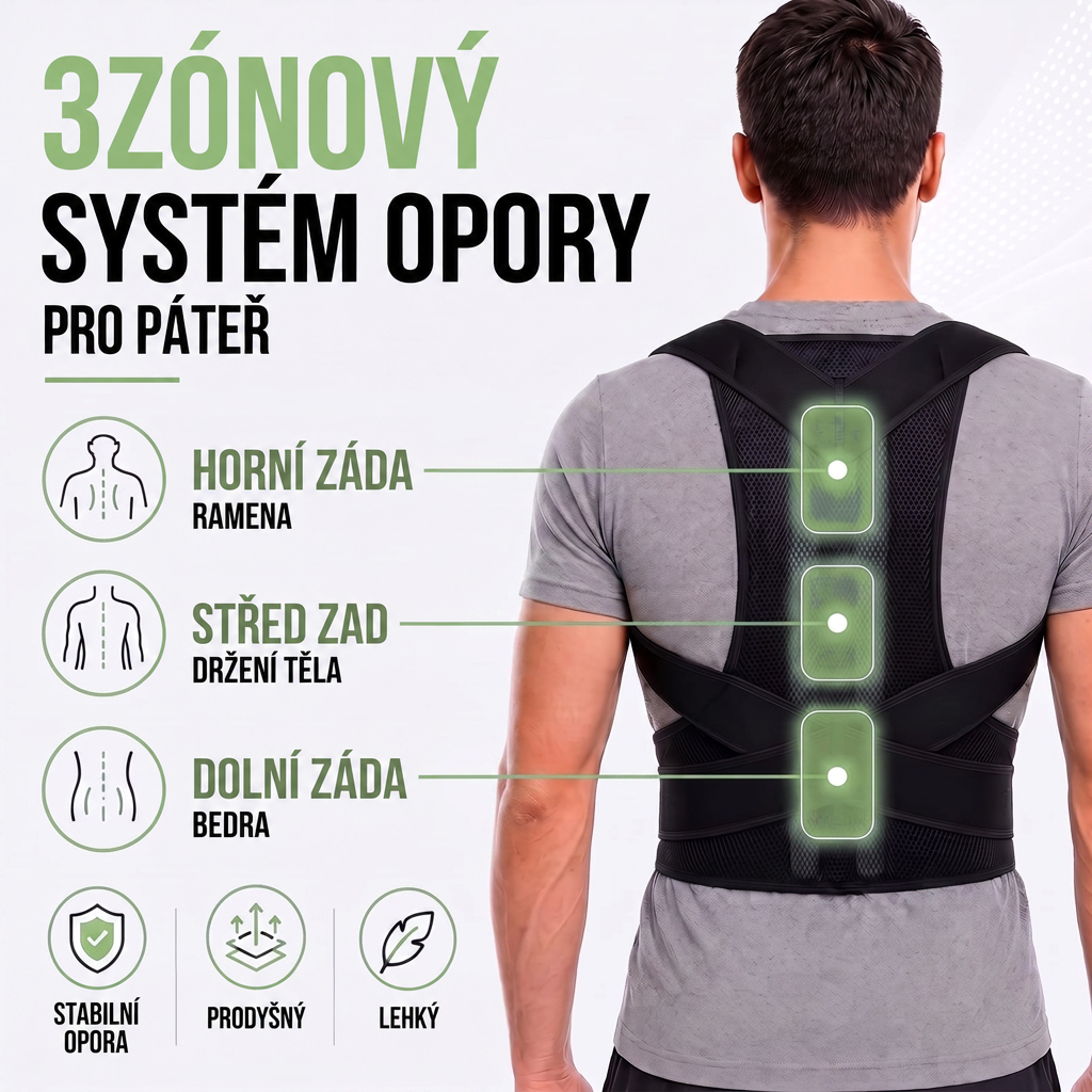 Muž v šedém tričku zezadu s černou ortézou na zádech, zelené značky ukazují tři podpůrné zóny: horní, střední a spodní část zad. 6