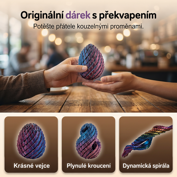 Jedna ruka podává druhé vejce v kavárně jako dárek, dole tři ukázky tvarů: vejce, zkrut a spirála. 7