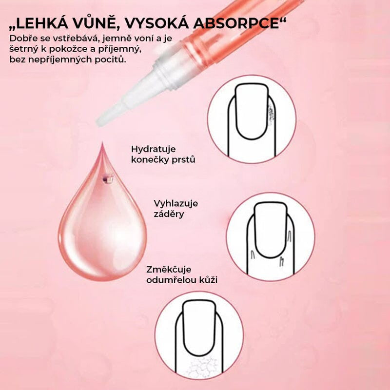 Pero s kapkou oleje a tři kruhová schémata nehtu: zvlhčení, vyhlazení záděr, změkčení kůžičky 8