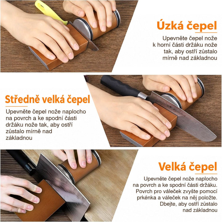 Tři ukázky upnutí úzké, střední a velké čepele k podstavci při broušení válečkem, vždy s popisem postupu. 7