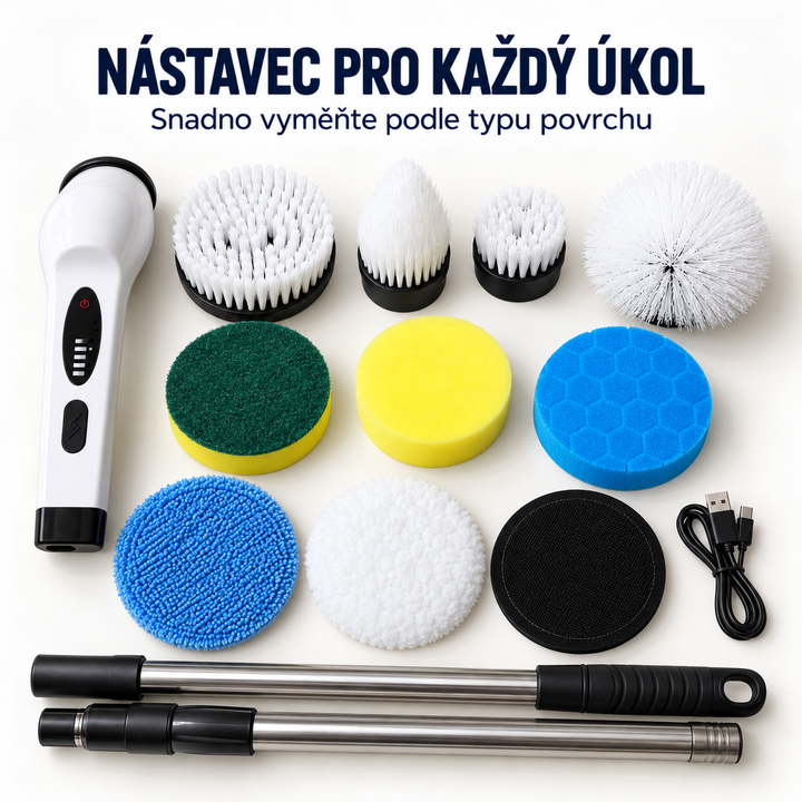 Rukojeť motoru, kartáčové hlavy, houbičky, mikrovláknové podložky, nabíjecí kabel a dva díly tyče rozložené na světlém 2