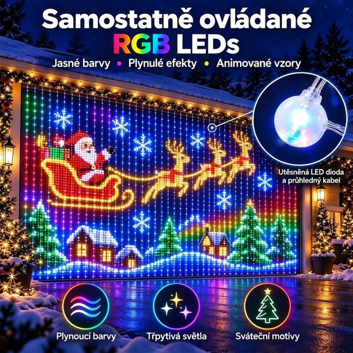 Světelná záclona na garážových vratech zobrazuje Mikuláše se saněmi a soby, v detailu kulatá LED 4