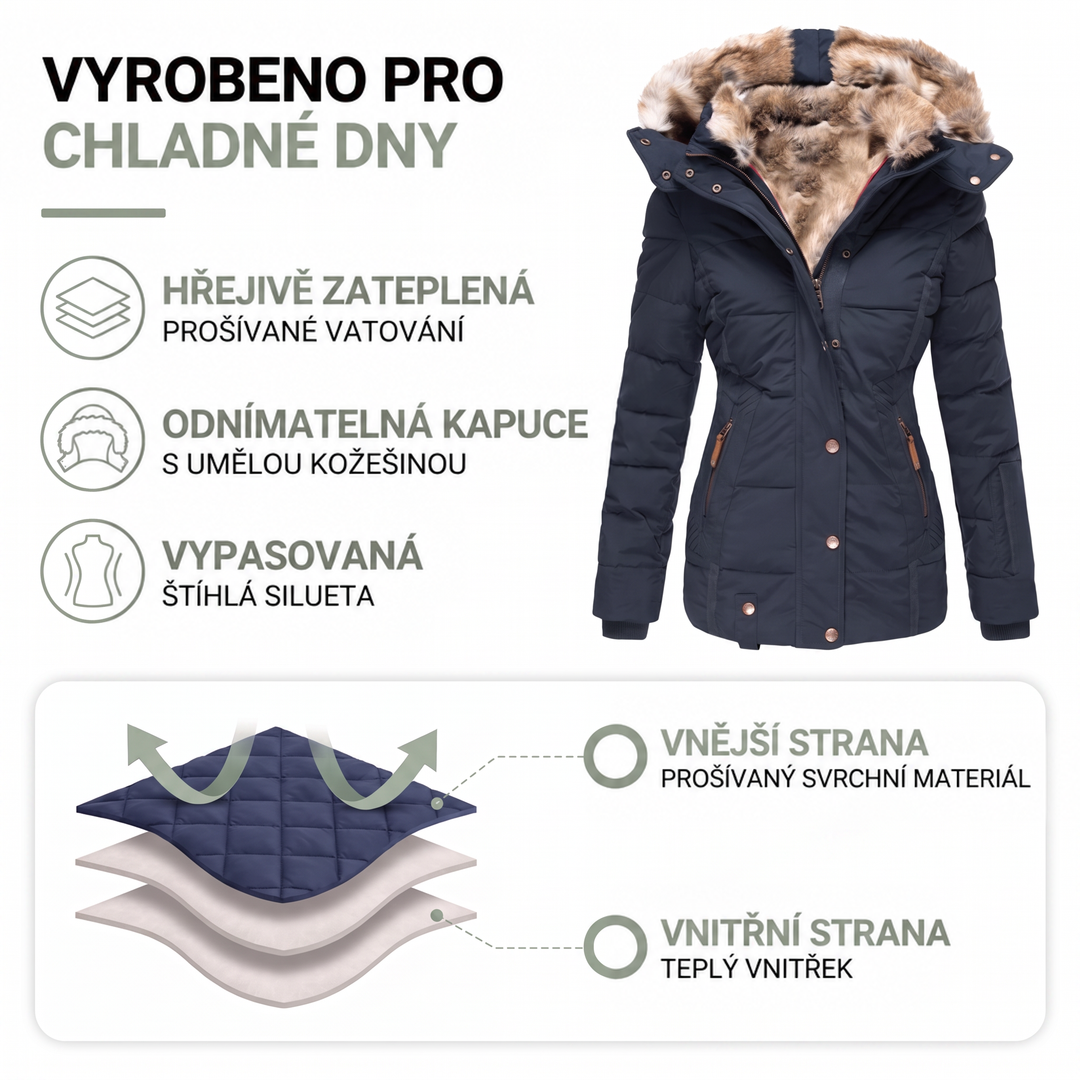 Informační grafika s tmavě modrou parkou, ikonami vlastností a řezem vrstev prošívání a teplé podšívky 2