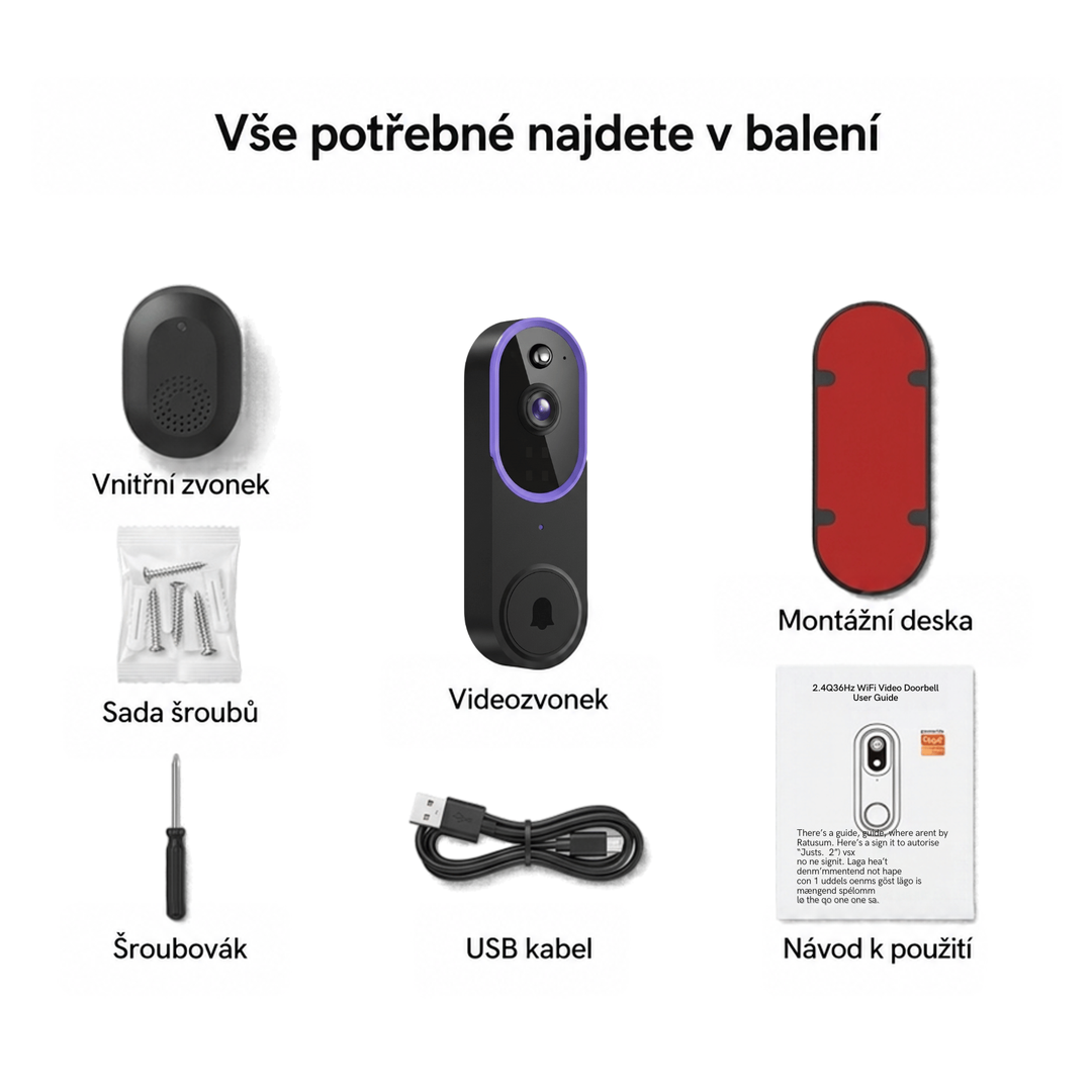 Obsah balení: zvonek s kamerou, vnitřní gong, montážní destička, šrouby, šroubovák, USB kabel a návod 7