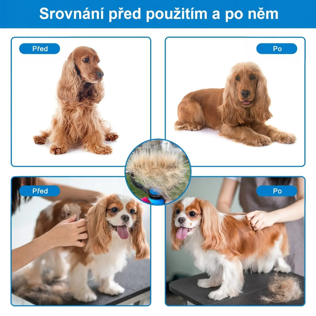 Srovnání před a po použití na dvou psech, kokršpanělovi a kavalír king charles španělovi, uprostřed hrablo plné vyčesané srsti. 6