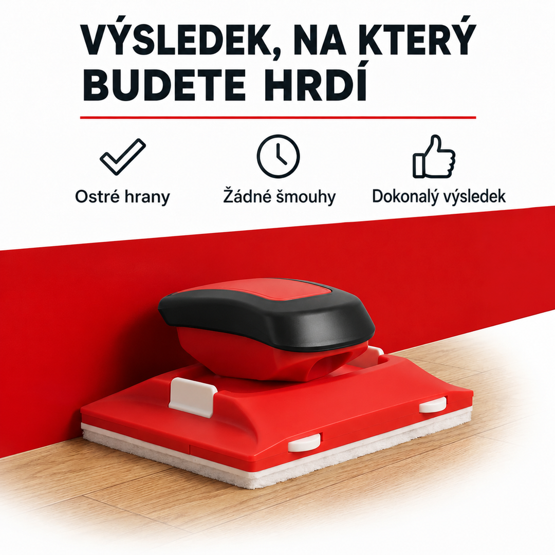 Nástroj s plstěnou spodní stranou stojí u červeně natřené stěny nad dřevěnou podlahou 2