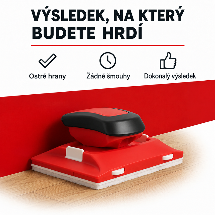 Nástroj s plstěnou spodní stranou stojí u červeně natřené stěny nad dřevěnou podlahou 2