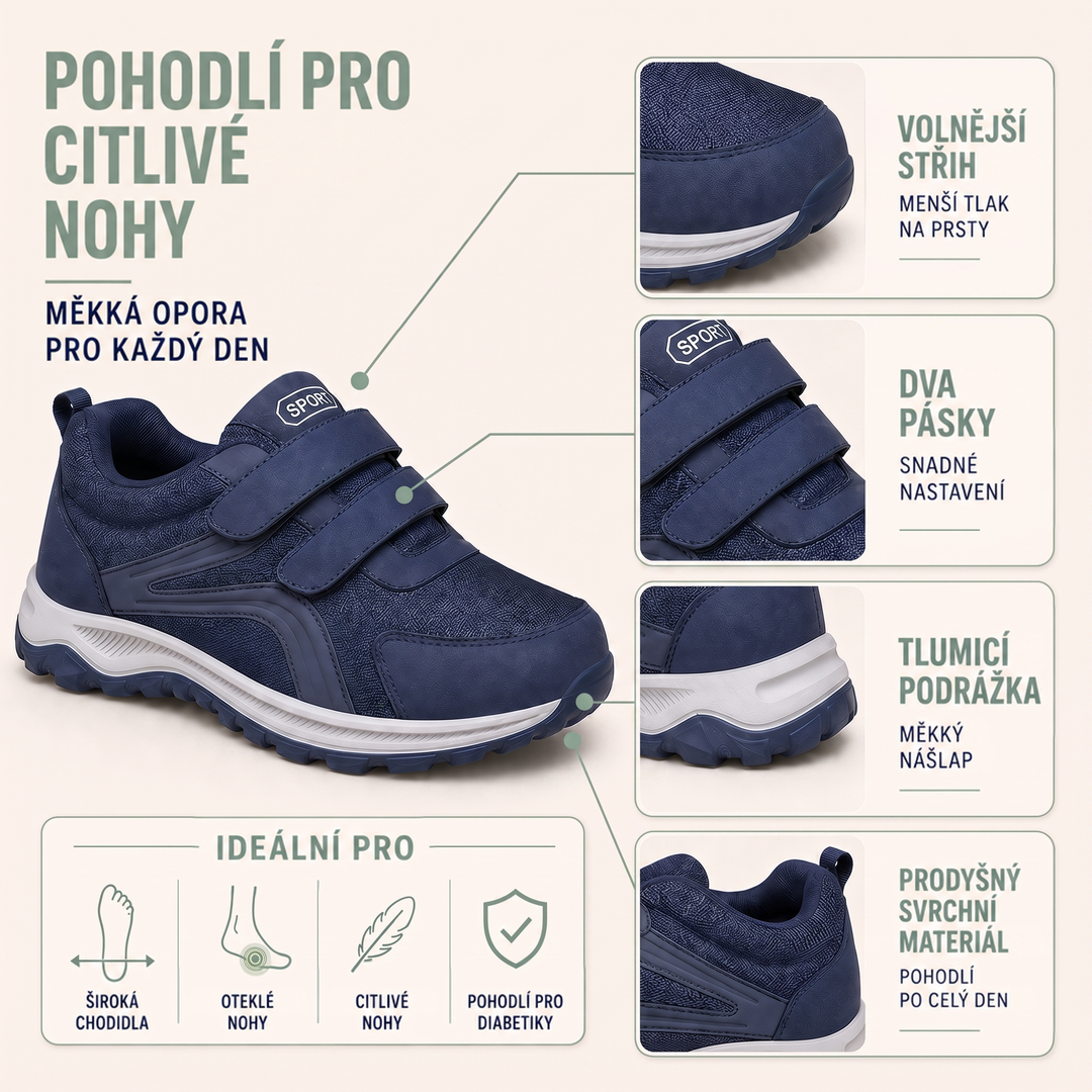 Infografika modré boty s detaily pásků, tlumené podrážky a prodyšného svršku pro citlivé nohy 4