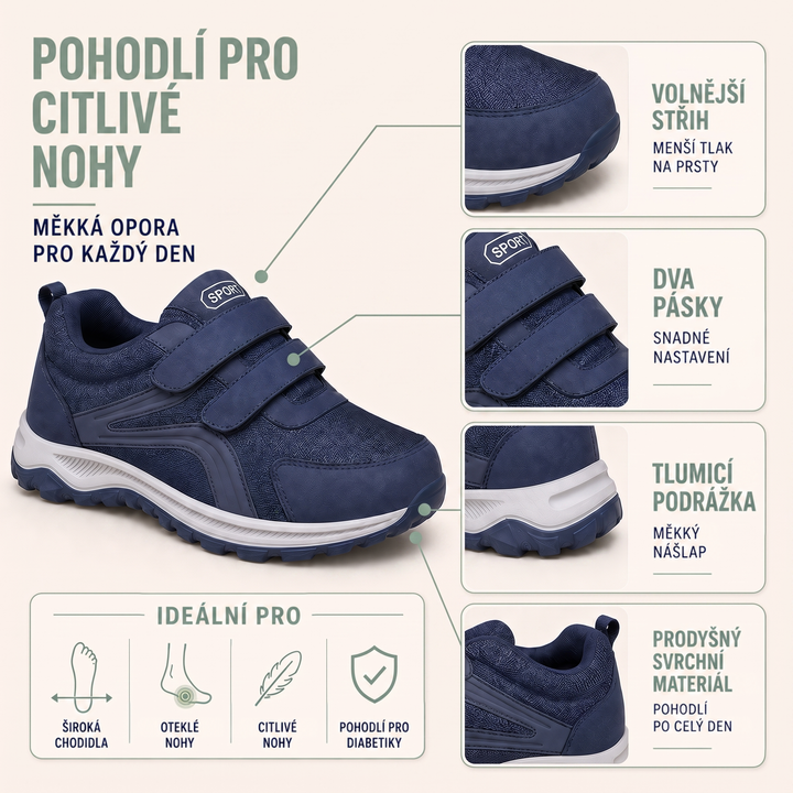 Infografika modré boty s detaily pásků, tlumené podrážky a prodyšného svršku pro citlivé nohy 4